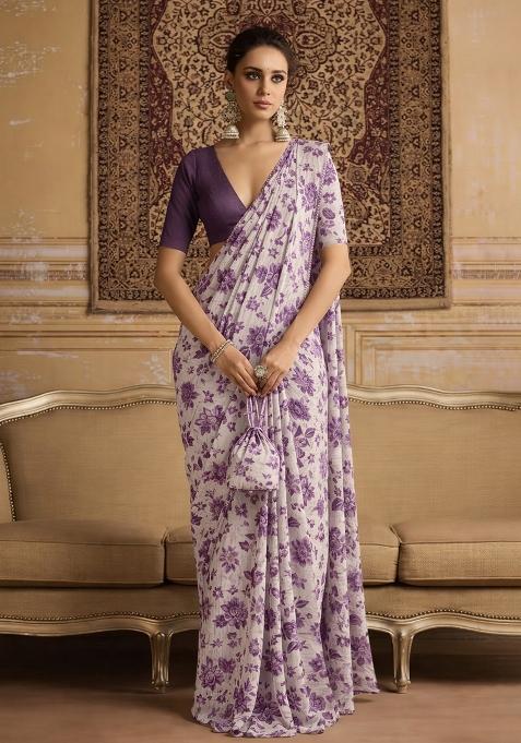 Purple Floral Print Crepe Pre Draped Saree Set