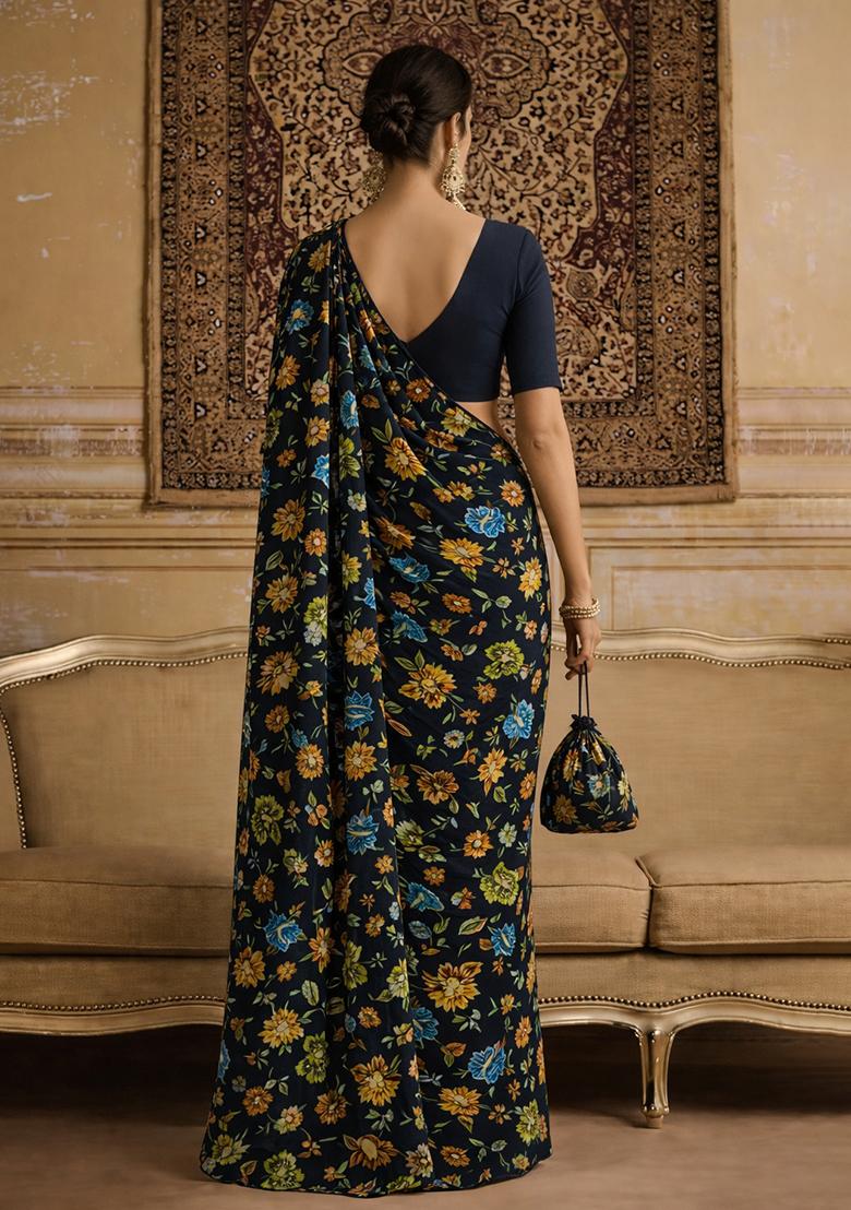 Black Floral Print Crepe Pre Draped Saree Set - Indya