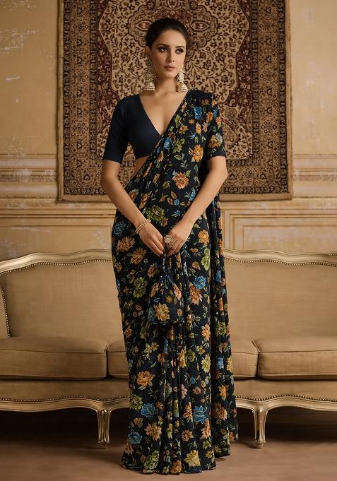 Black Floral Print Crepe Pre Draped Saree Set