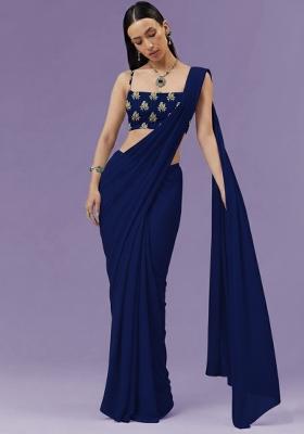 Navy Blue Brocade Pre Draped Saree Set