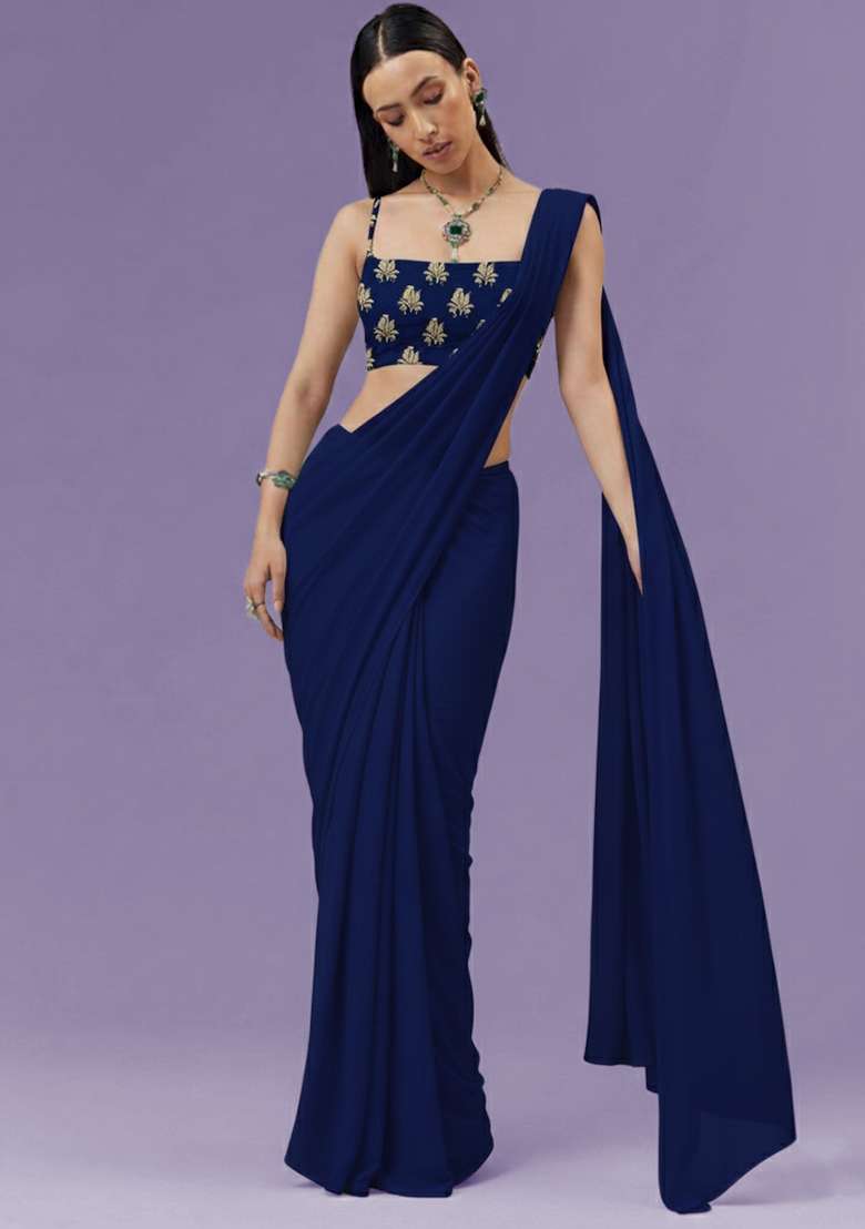 Navy Blue Brocade Pre Draped Saree Set for Diwali and Festive Wear - Indya