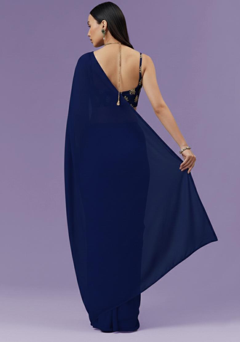 Navy Blue Brocade Pre Draped Saree Set - Indya