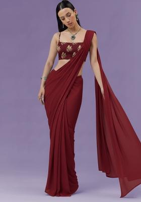 Wine Brocade Pre Draped Saree Set