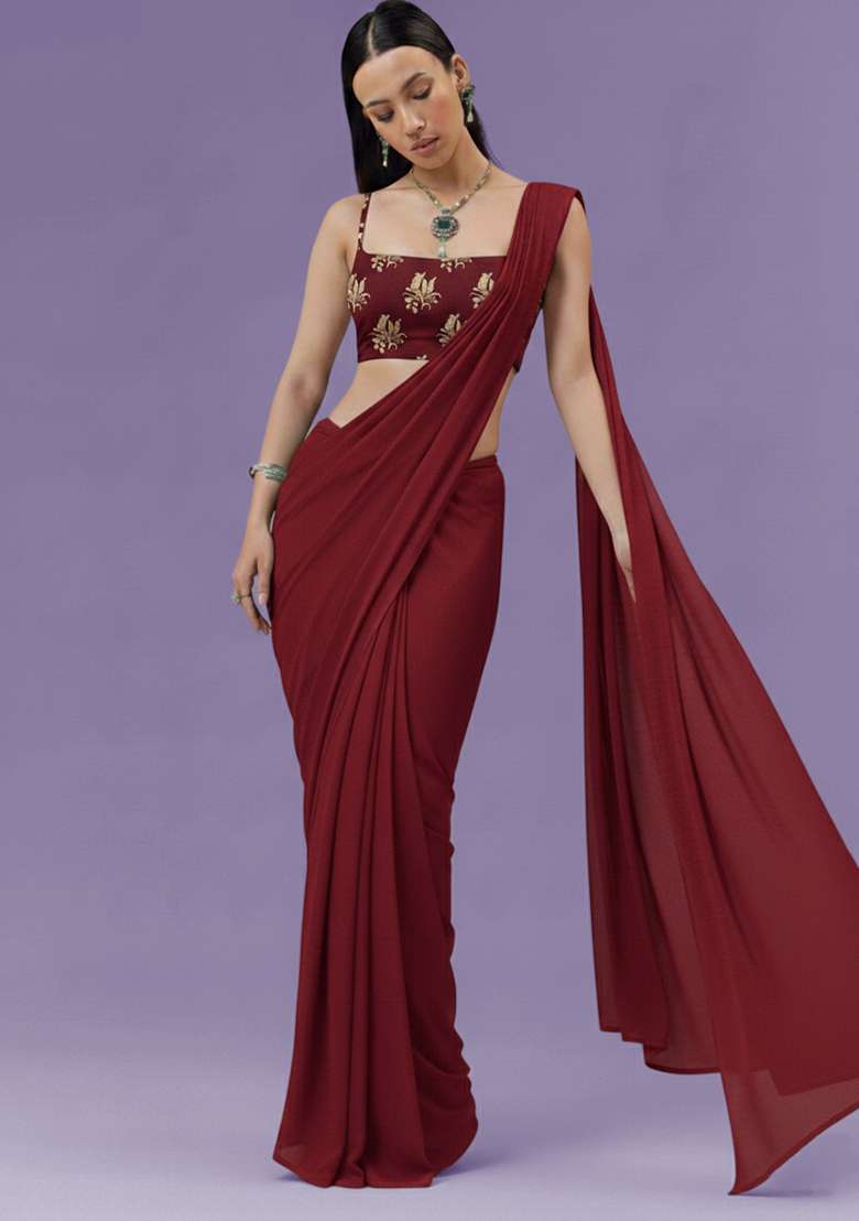 Wine Brocade Pre Draped Saree Set for Diwali and Festive Wear - Indya