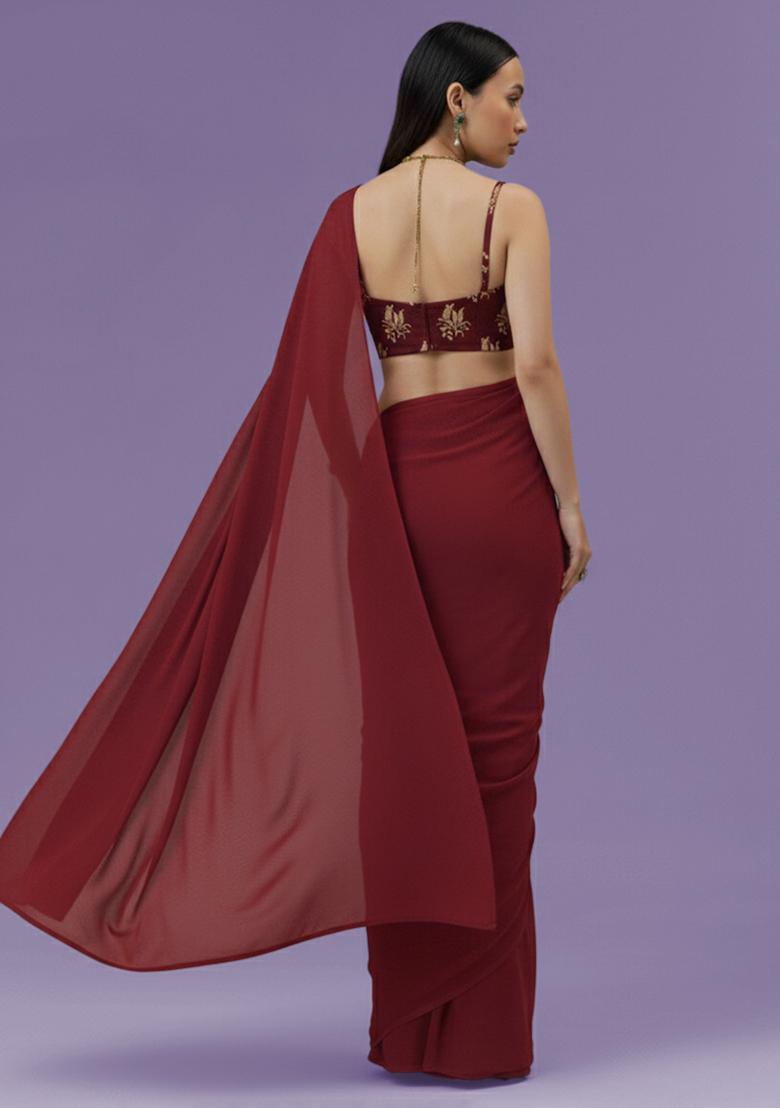 Wine Brocade Pre Draped Saree Set - Indya