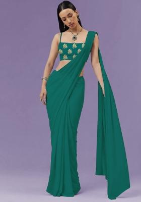 Emerald Green Brocade Pre Draped Saree Set
