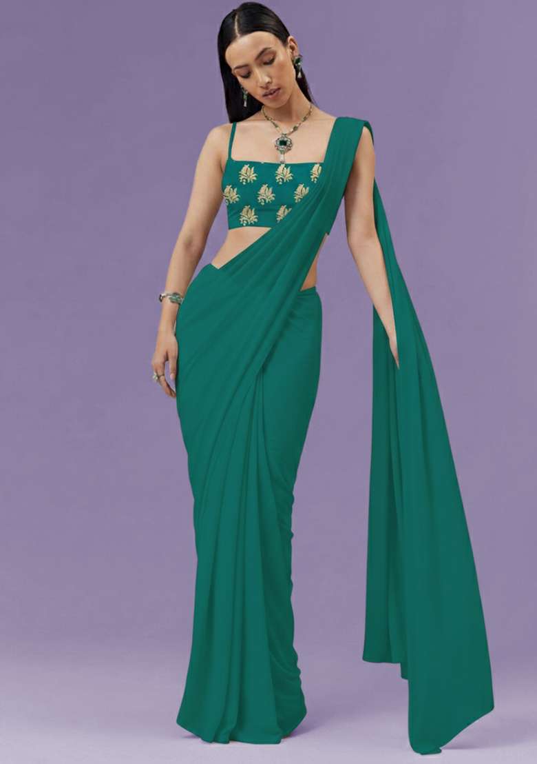Emerald Green Brocade Pre Draped Saree Set for Diwali and Festive Wear - Indya