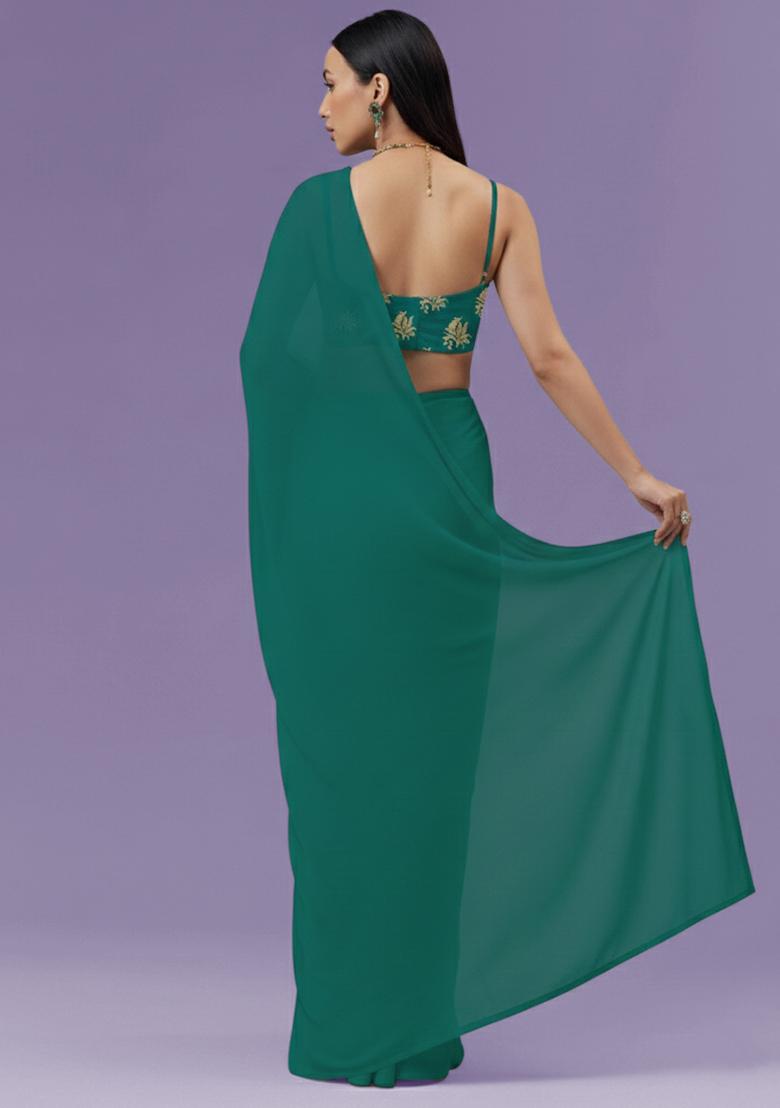 Emerald Green Brocade Pre Draped Saree Set - Indya