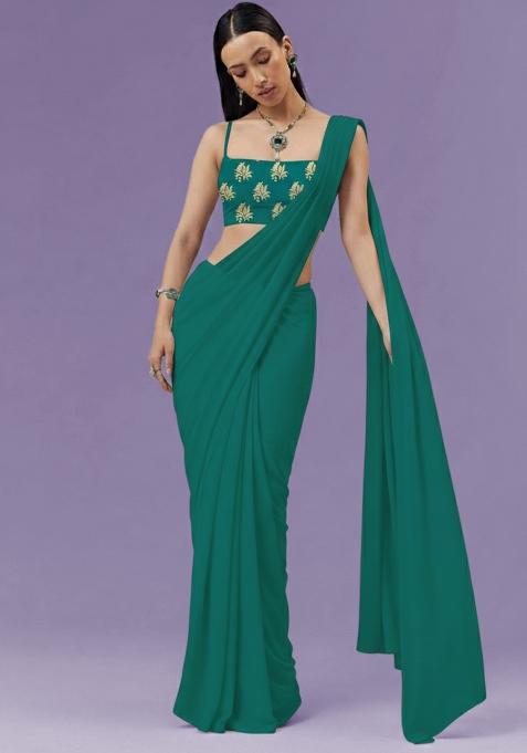 Emerald Green Brocade Pre Draped Saree Set