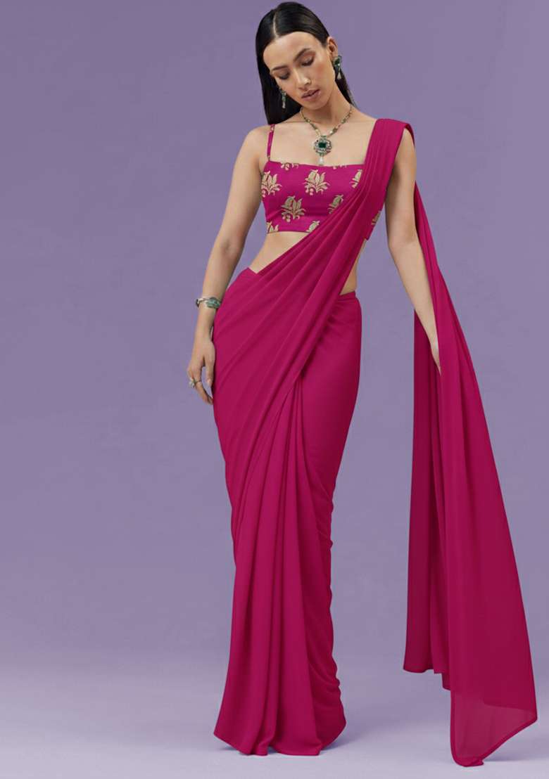 Rani Pink Brocade Pre Draped Saree Set for Diwali and Festive Wear - Indya