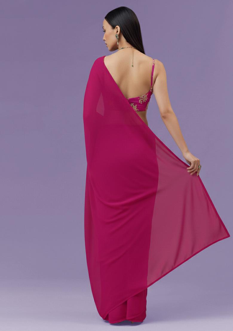 Rani Pink Brocade Pre Draped Saree Set - Indya