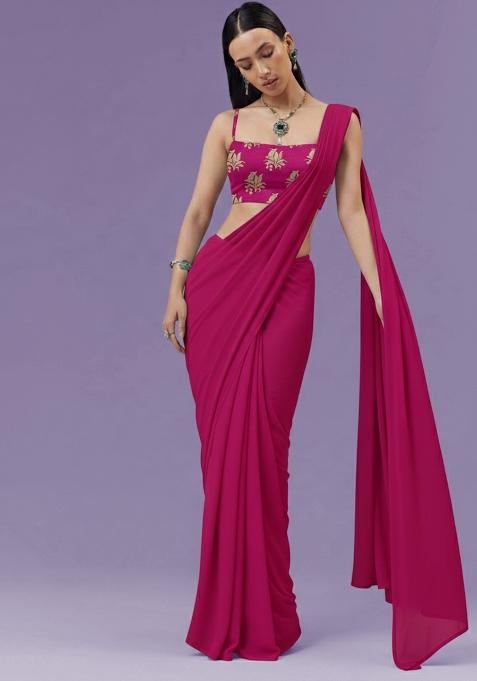 Rani Pink Brocade Pre Draped Saree Set