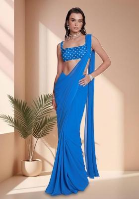 Blue Embroidered Chinon Pre Draped Saree Set