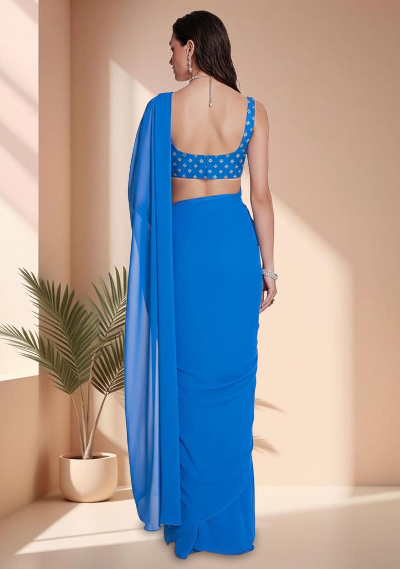 Blue Embroidered Chinon Pre Draped Saree Set - Indya