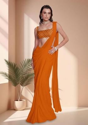 Orange Embroidered Chinon Pre Draped Saree Set