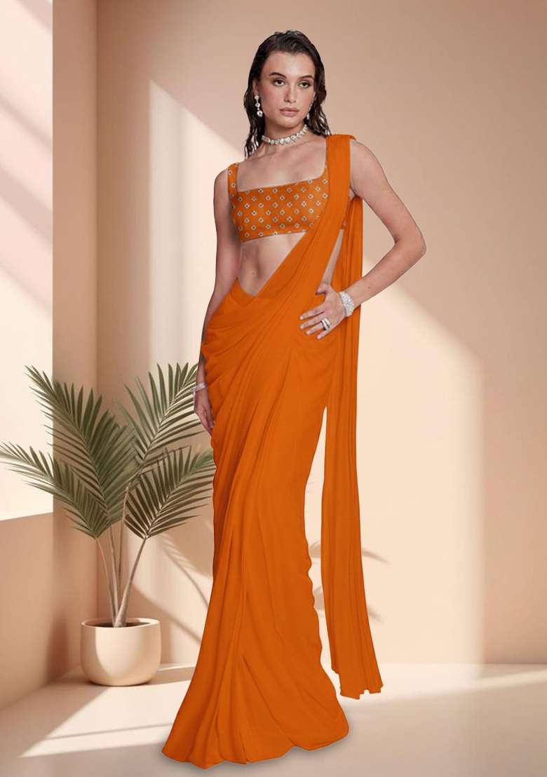 Orange Embroidered Chinon Pre Draped Saree Set - Indya