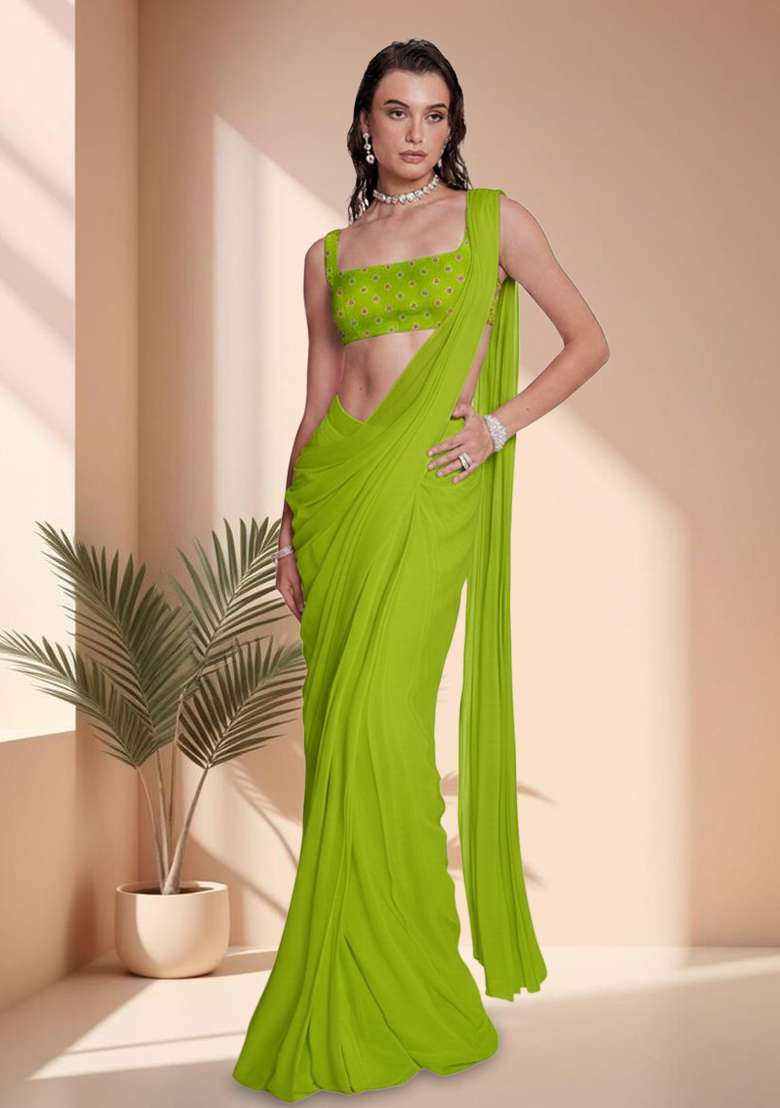 Lime Green Embroidered Chinon Pre Draped Saree Set - Indya