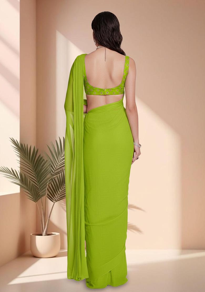 Lime Green Embroidered Chinon Pre Draped Saree Set - Indya