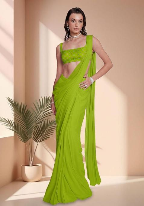 Lime Green Embroidered Chinon Pre Draped Saree Set