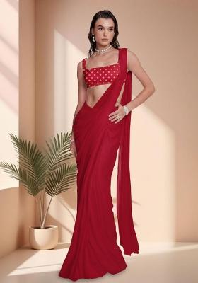 Red Embroidered Chinon Pre Draped Saree Set