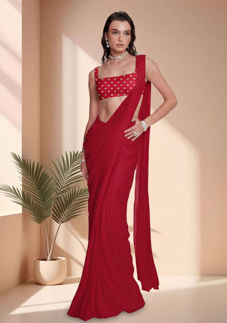 Red Embroidered Chinon Pre Draped Saree Set for Diwali and Festive Wear - Indya