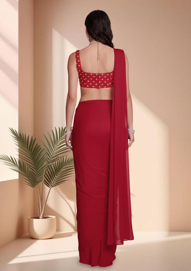 Red Embroidered Chinon Pre Draped Saree Set - Indya