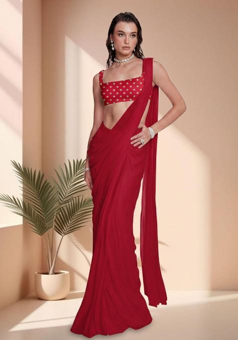 Red Embroidered Chinon Pre Draped Saree Set