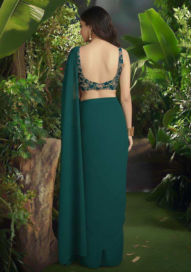 Green Embroidered Crepe Pre Draped Saree Set - Indya