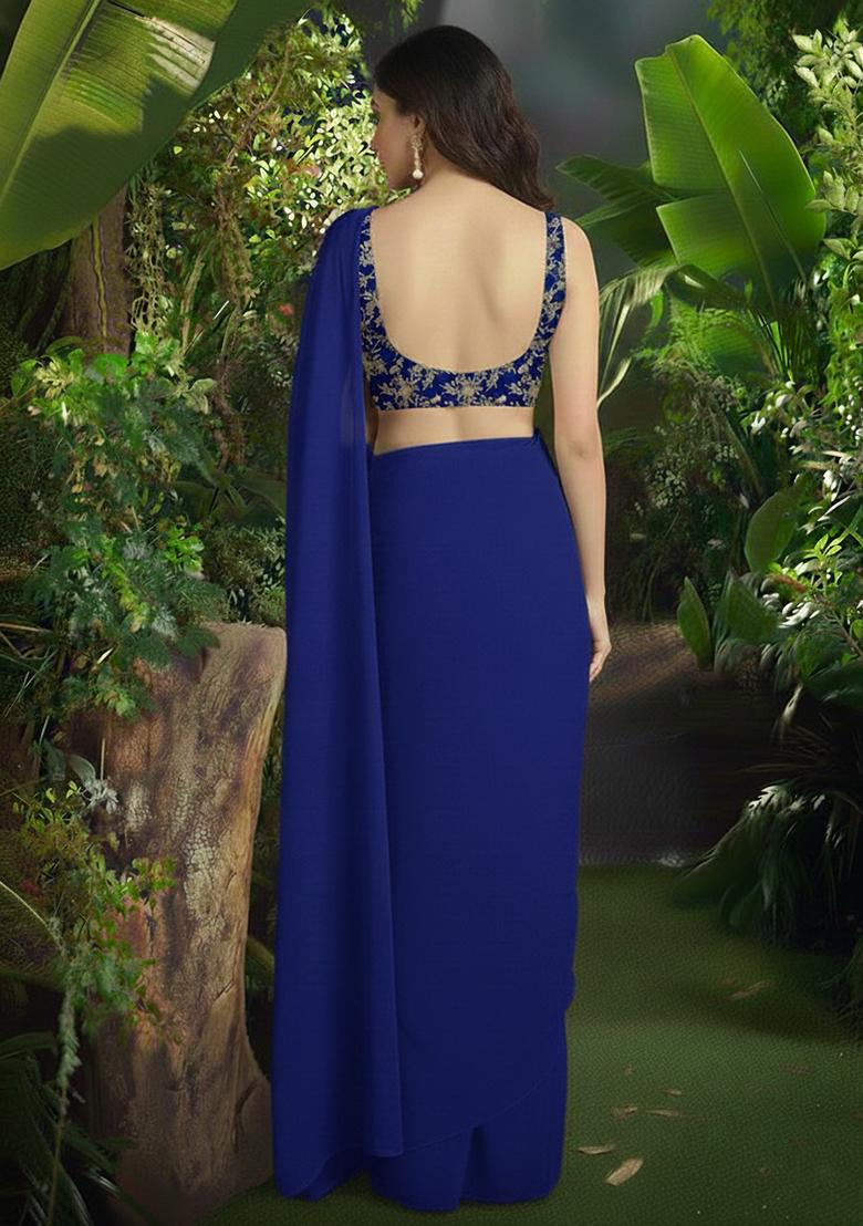Royal Blue Embroidered Crepe Pre Draped Saree Set - Indya