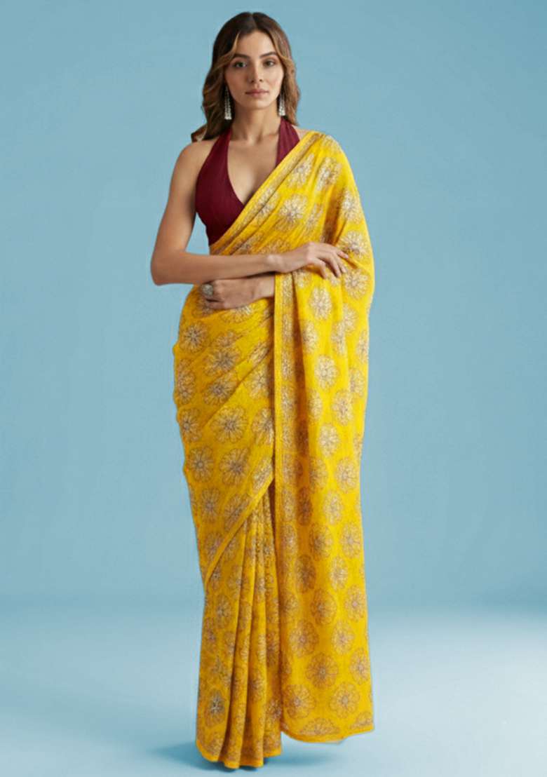 Yellow Sequin Silk Blend Saree Set - Indya