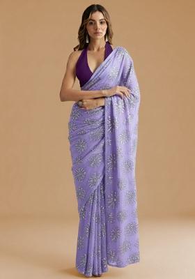 Lavender Sequin Silk Pre Draped Saree Set