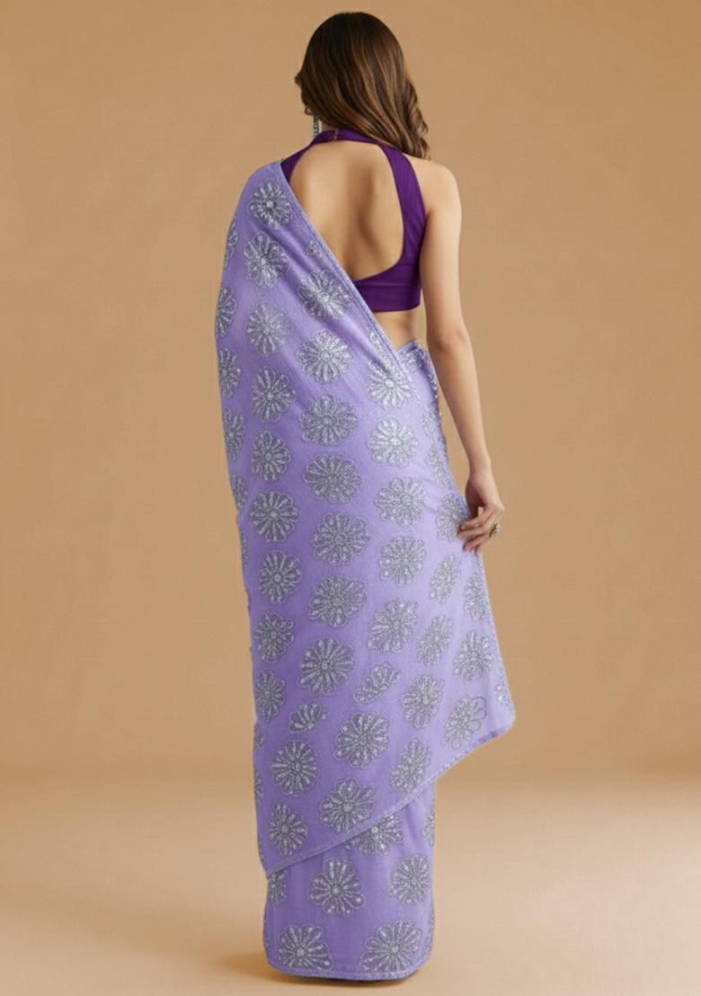 Lavender Sequin Silk Pre Draped Saree Set - Indya