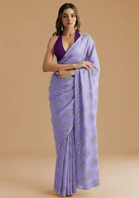Lavender Sequin Silk Pre Draped Saree Set