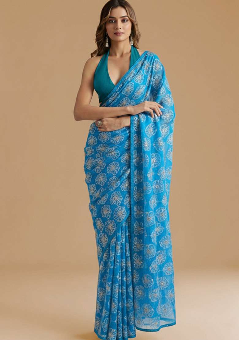 Teal Blue Sequin Silk Blend Pre Draped Saree Set - Indya