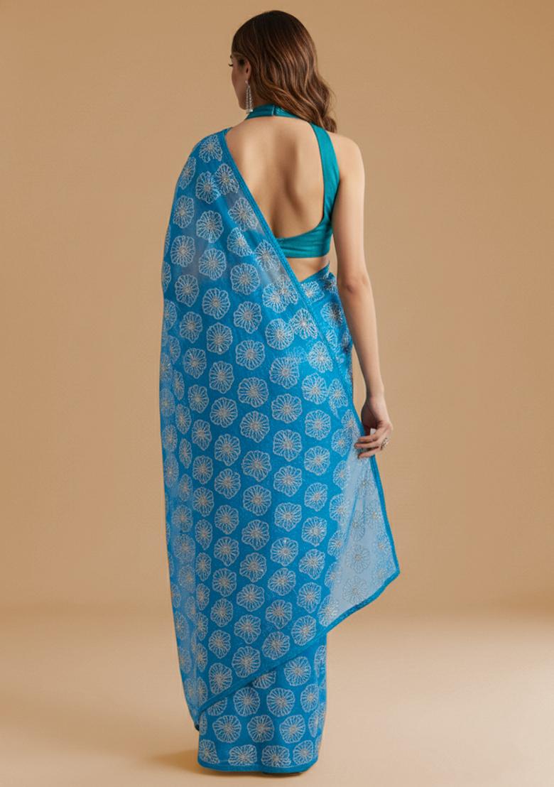 Teal Blue Sequin Silk Pre Draped Saree Set - Indya