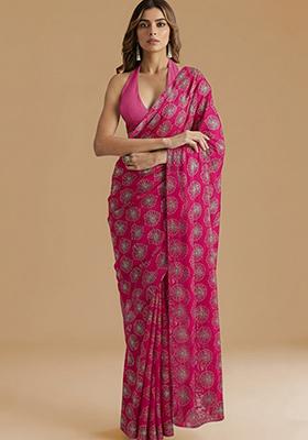 Rani Pink Sequin Silk Pre Draped Saree Set
