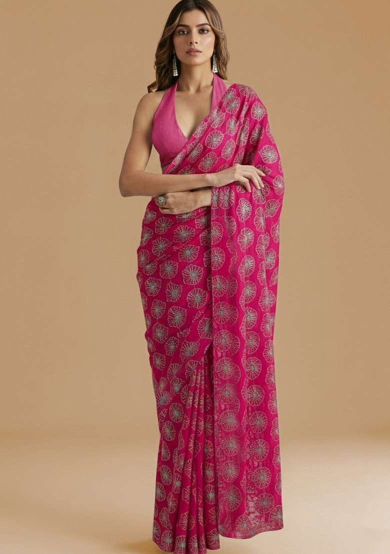 Rani Pink Sequin Silk Blend Pre Draped Saree Set - Indya