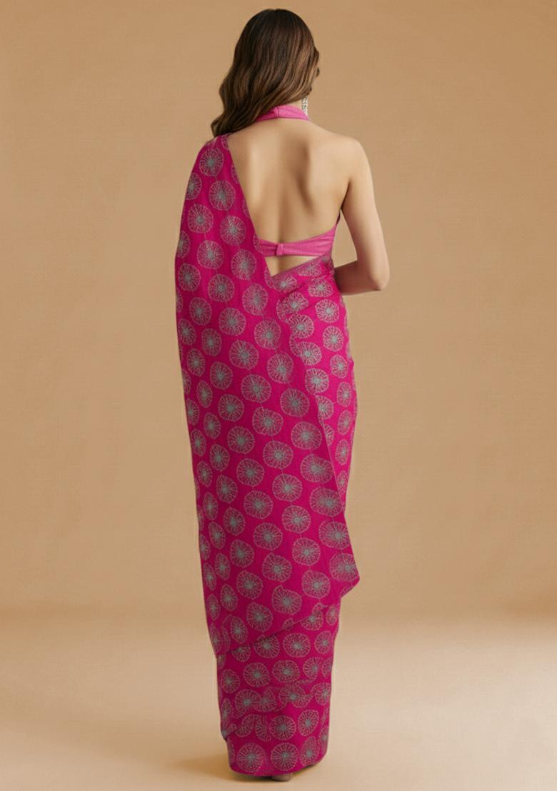 Rani Pink Sequin Silk Pre Draped Saree Set - Indya