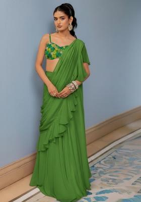 Leaf Green Bandhani Print Crepe Pre Draped Saree Set