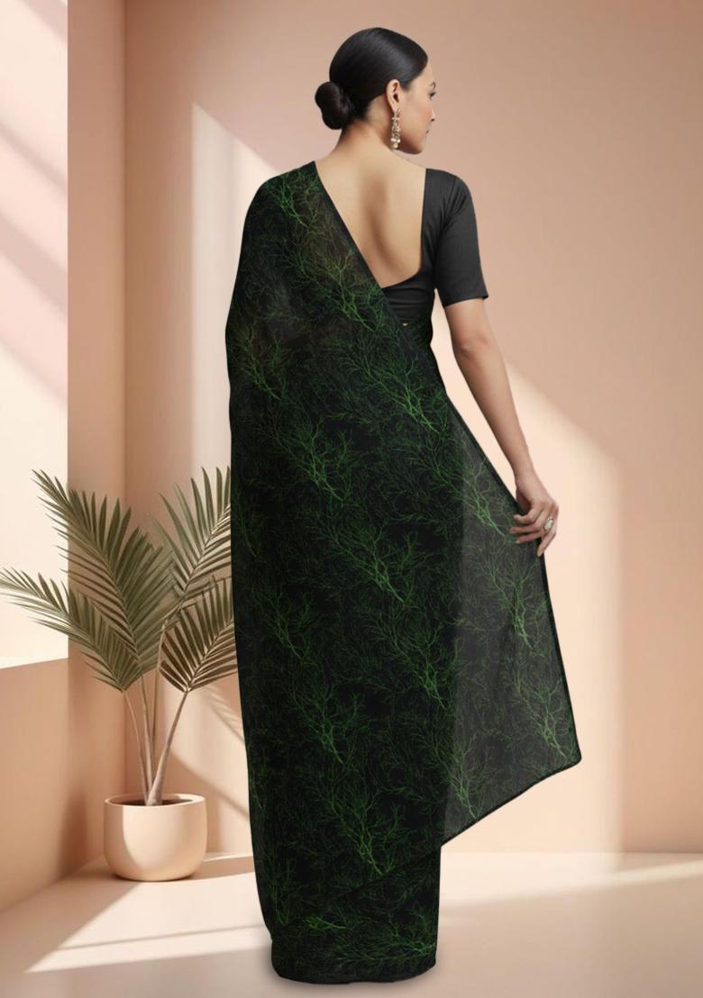 Green Abstract Print Silk Pre Draped Saree Set - Indya