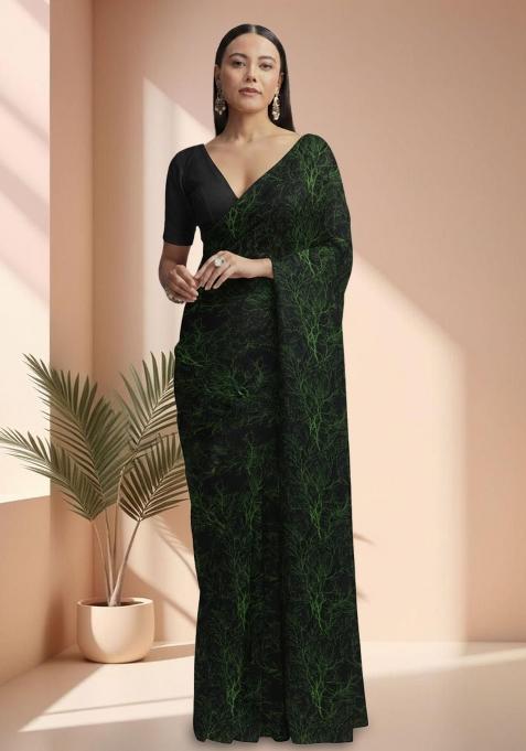 Green Abstract Print Silk Pre Draped Saree Set