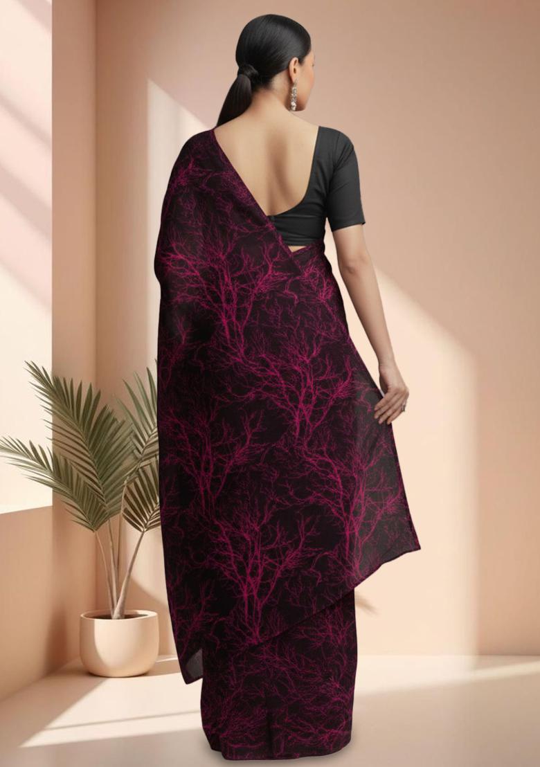 Pink Abstract Print Silk Pre Draped Saree Set - Indya