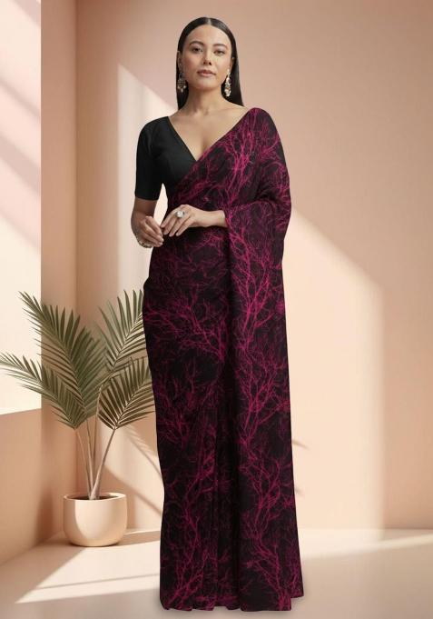 Pink Abstract Print Silk Pre Draped Saree Set