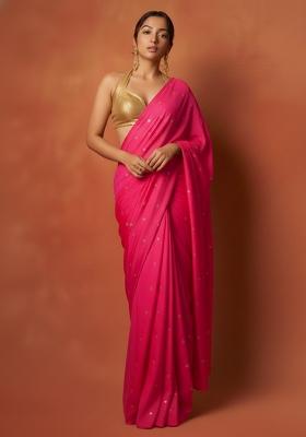 Rani Pink Embroidered Organza Pre Draped Saree Set