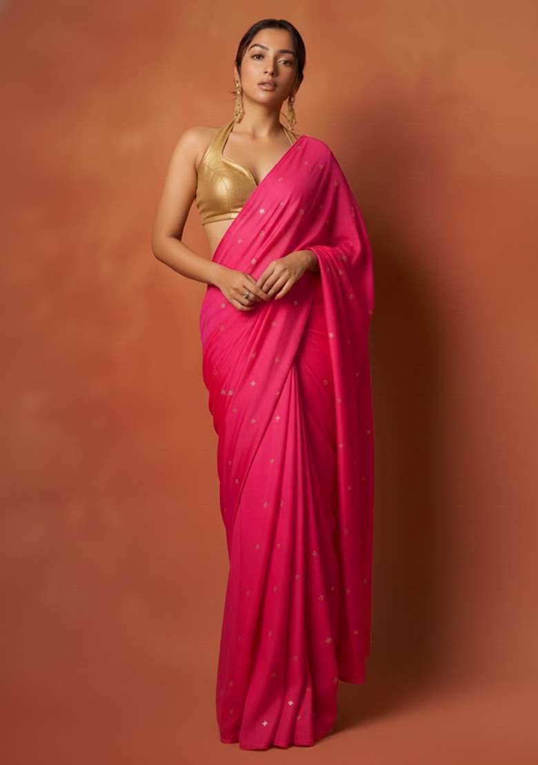 Rani Pink Embroidered Organza Pre Draped Saree Set - Indya