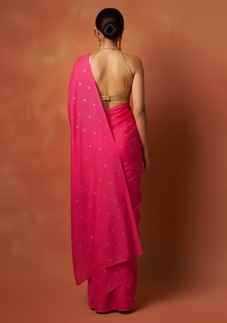 Rani Pink Embroidered Organza Pre Draped Saree Set - Indya