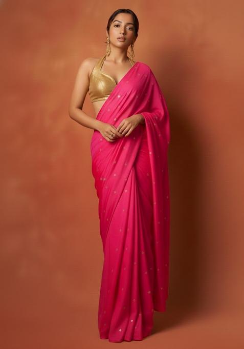 Rani Pink Embroidered Organza Pre Draped Saree Set