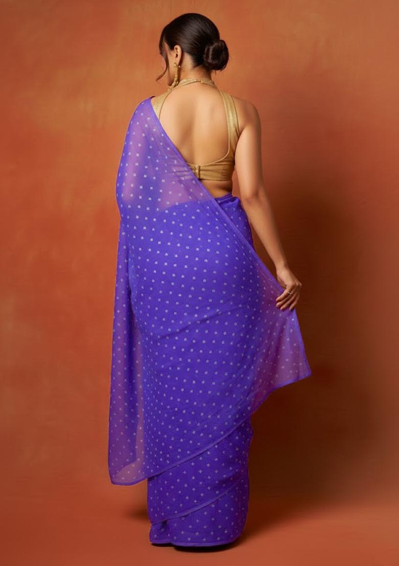 Royal Purple Embroidered Organza Pre Draped Saree Set - Indya