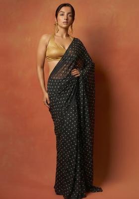 Black Embroidered Organza Pre Draped Saree Set