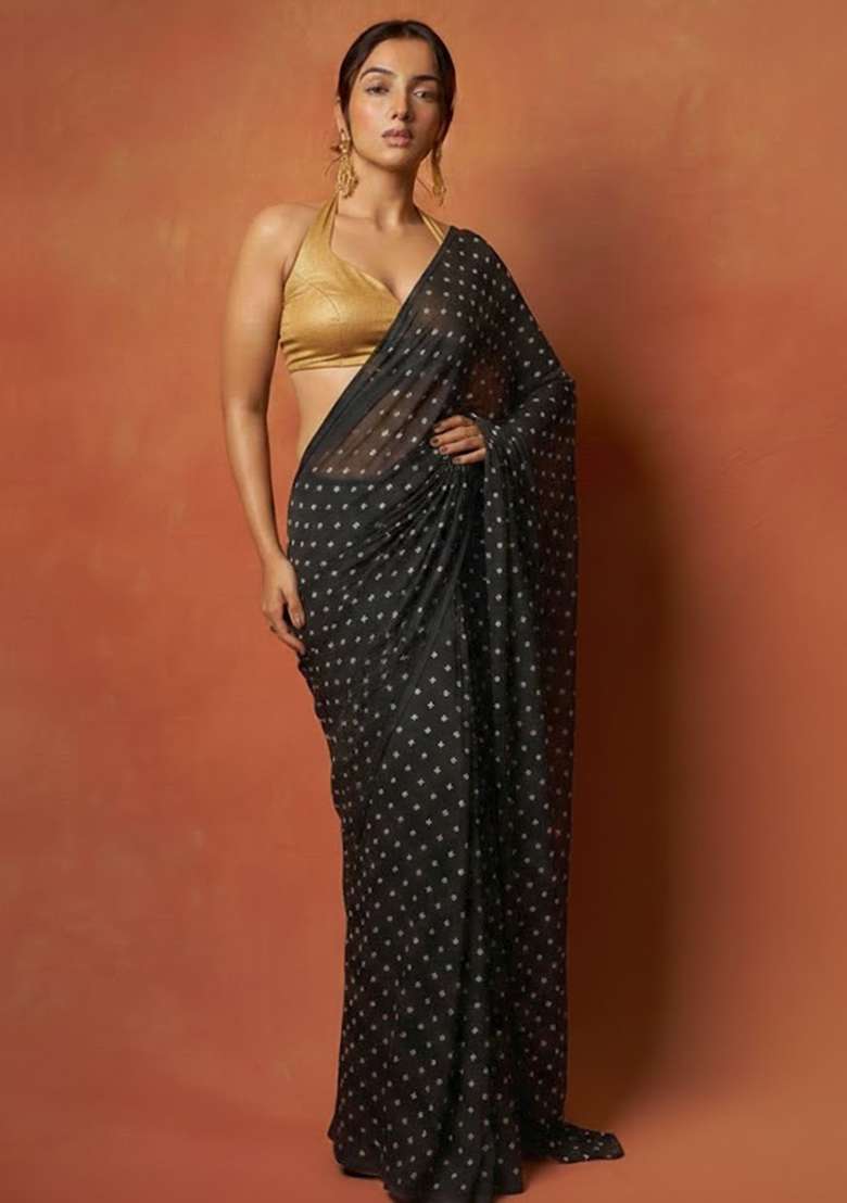 Black Embroidered Organza Pre Draped Saree Set - Indya